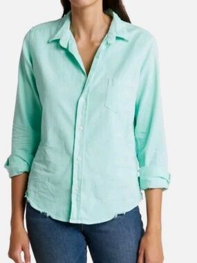 Frank & Eileen Eileen Button-Up Shirt Mint Green Distressed Hem Small USA made